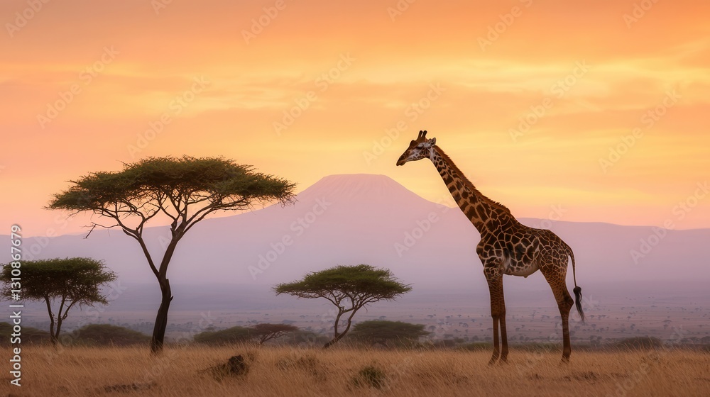 Obraz premium Majestic Giraffe Silhouetted Against Vibrant Sunrise Horizon