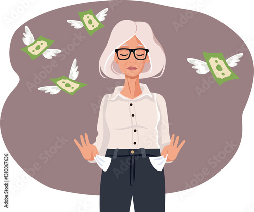 Senior Woman Having Money Problems During Inflation Vector Illustration. Elderly person having money fly out of her pocket in her senior years of retirement 
