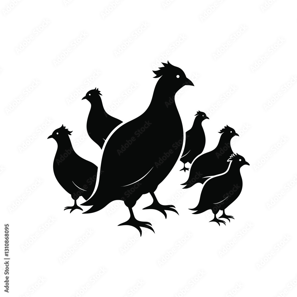 Flock of quails standing together in a group silhouette isolated on white background Flock of quails standing together in a group silhouette isolated on white background