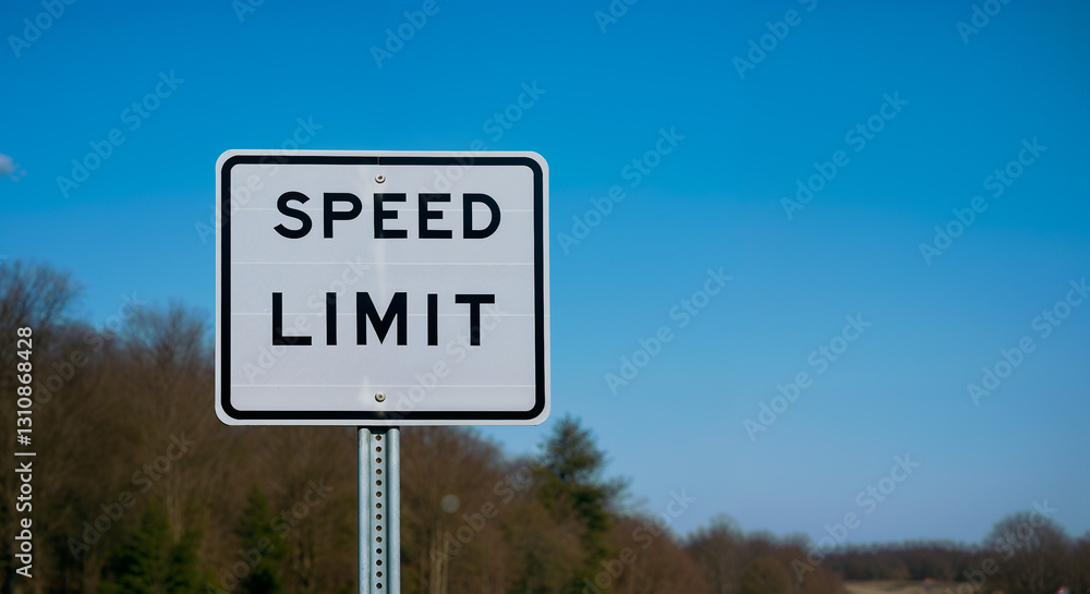 Speed Limit Road Sign Against Blue Sky And Trees Background Speed Limit Road Sign Against Blue Sky And Trees Background