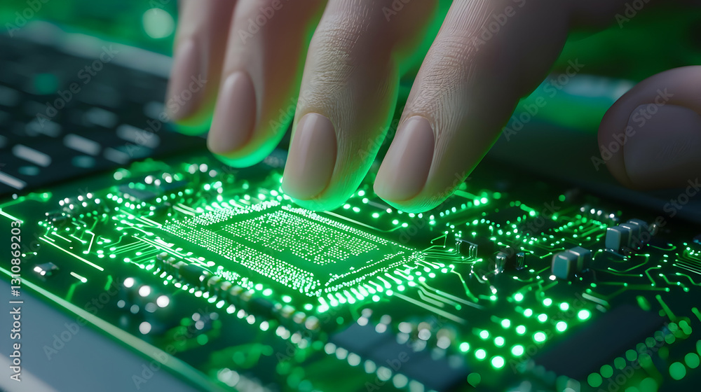 Hand Touching a Circuit Board with Glowing Green Lights and Details