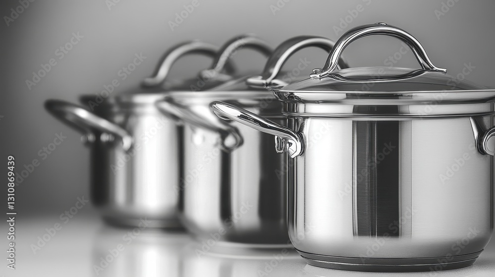 Shiny stainless steel pots with lids. Perfect for cooking shows, food blogs, or kitchenware ads. Shiny stainless steel pots with lids. Perfect for cooking shows, food blogs, or kitchenware ads.