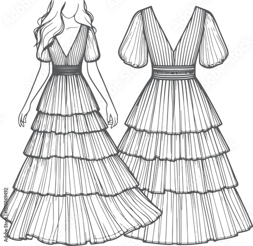 line art Tiered Maxi Dress fashion illustration drawing template.