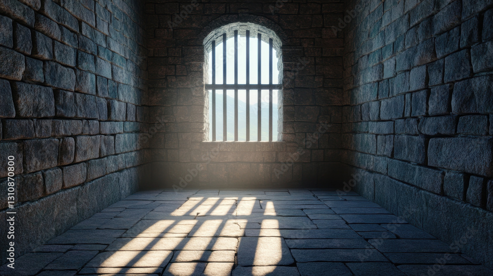 Fototapeta premium stone room with single barred window allowing light to filter in, creating shadows on floor. atmosphere feels both somber and serene