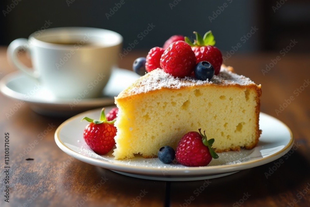 Fluffy vanilla cake with berries, served with a cup of black coffee , sugar, vanilla, cream Fluffy vanilla cake with berries, served with a cup of black coffee , sugar, vanilla, cream