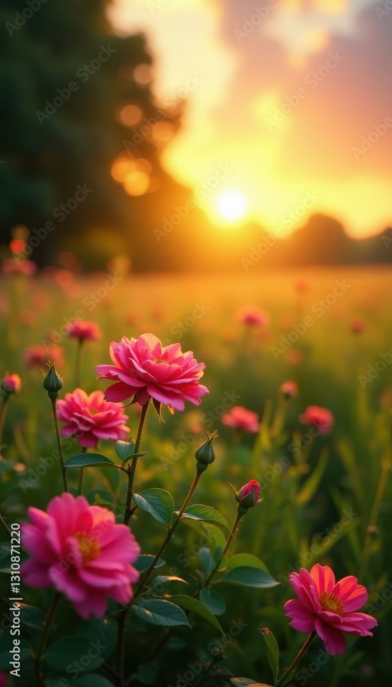 Golden sunrise bathes vibrant wild roses in lush meadow , fresh, vegetation