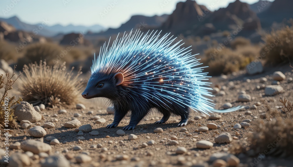 Fototapeta premium Glowing Spines Hedgehog Walking Desert Landscape Wildlife Animal