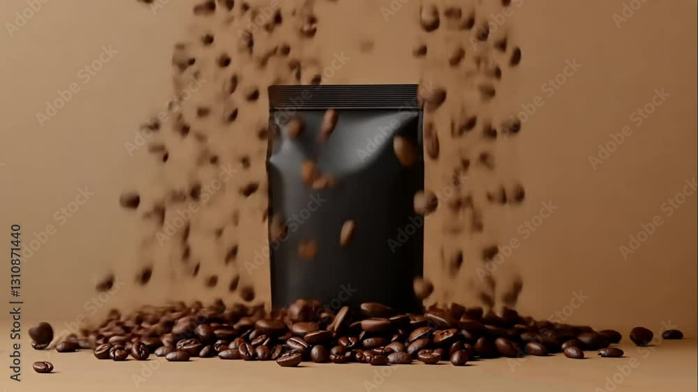 Black coffee bag mockup with roasted beans on brown background.