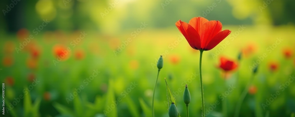 Fototapeta premium One scarlet flower amidst endless expanse of grass, scenic, day