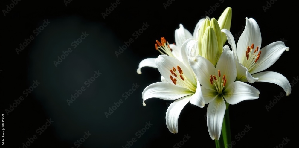 Fototapeta premium Pure white lilies cluster on black, dramatic lighting, bloom, simple