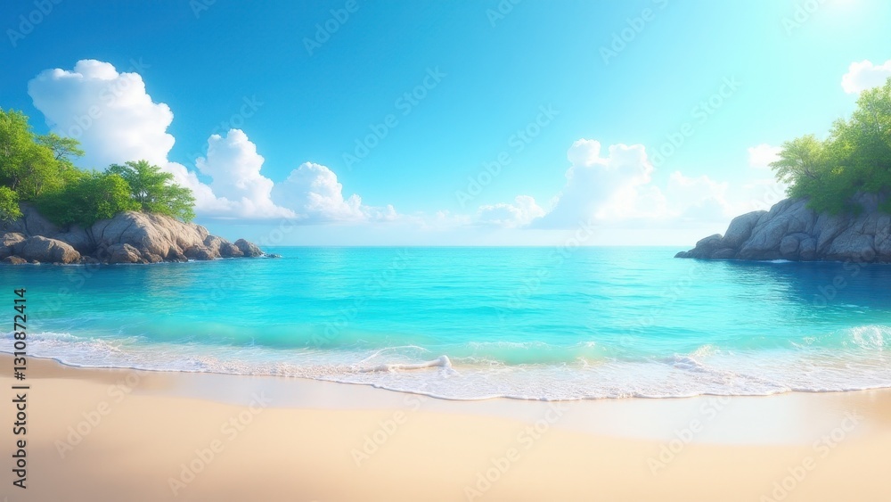 A serene beach landscape with turquoise waters, white sand, and lush greenery on rocky outcrops under a bright blue sky with fluffy clouds. A serene beach landscape with turquoise waters, white sand, and lush greenery on rocky outcrops under a bright blue sky with fluffy clouds.