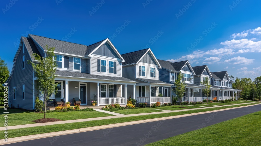 Row of charming gray houses on sunny day. Ideal for real estate, home, and community projects. Row of charming gray houses on sunny day. Ideal for real estate, home, and community projects.