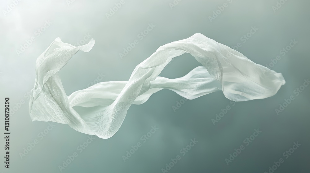 Naklejka premium A delicate white ribbon twisting gracefully mid-air on a muted gray sky, ethereal soft lighting symbolizing loss and emotional depth