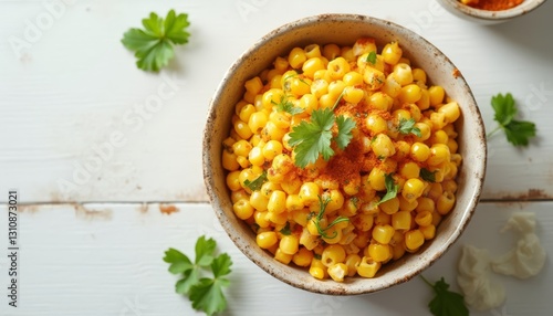 Delicious bowl of elotes with chili powder and parsley garnish