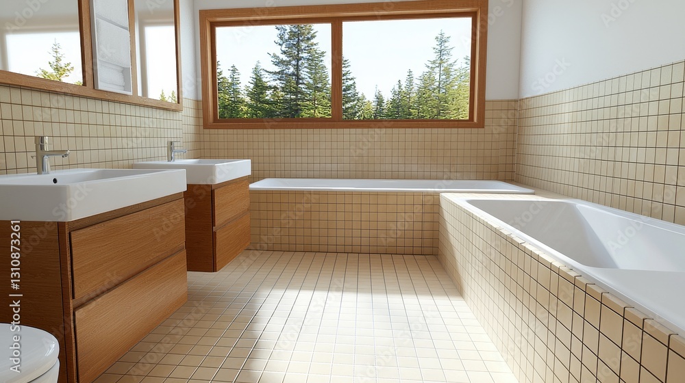 Fototapeta premium Modern Bathroom Interior Design with Wooden Accents and Natural Light