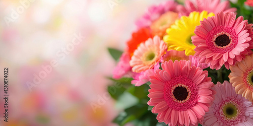 Bright and colorful flower arrangement featuring pink, yellow, and orange gerbera daisies, creating cheerful and vibrant atmosphere. Perfect for celebrations or decor