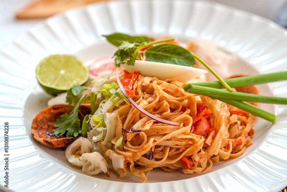 A close up of a portion of fresh Thai noodle served on a white plate A close up of a portion of fresh Thai noodle served on a white plate