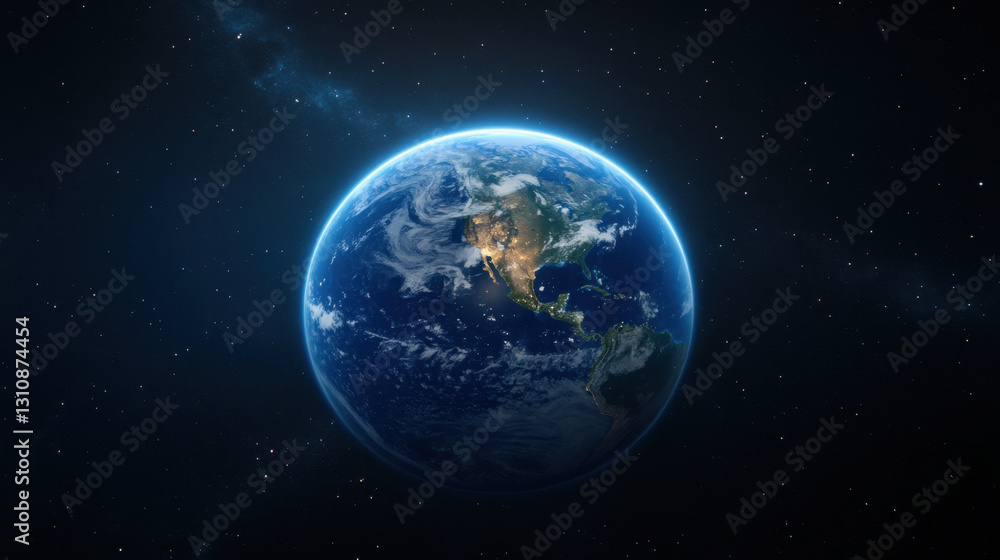 Naklejka premium stunning view of Earth from space, showcasing its vibrant colors and swirling clouds against backdrop of stars. This captures beauty and fragility of our planet