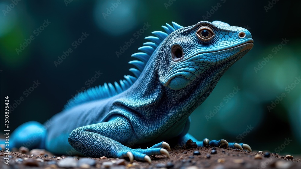 Fototapeta premium A striking blue tree monitor lizard with textured skin and a spiky crest is shown in a natural setting.
