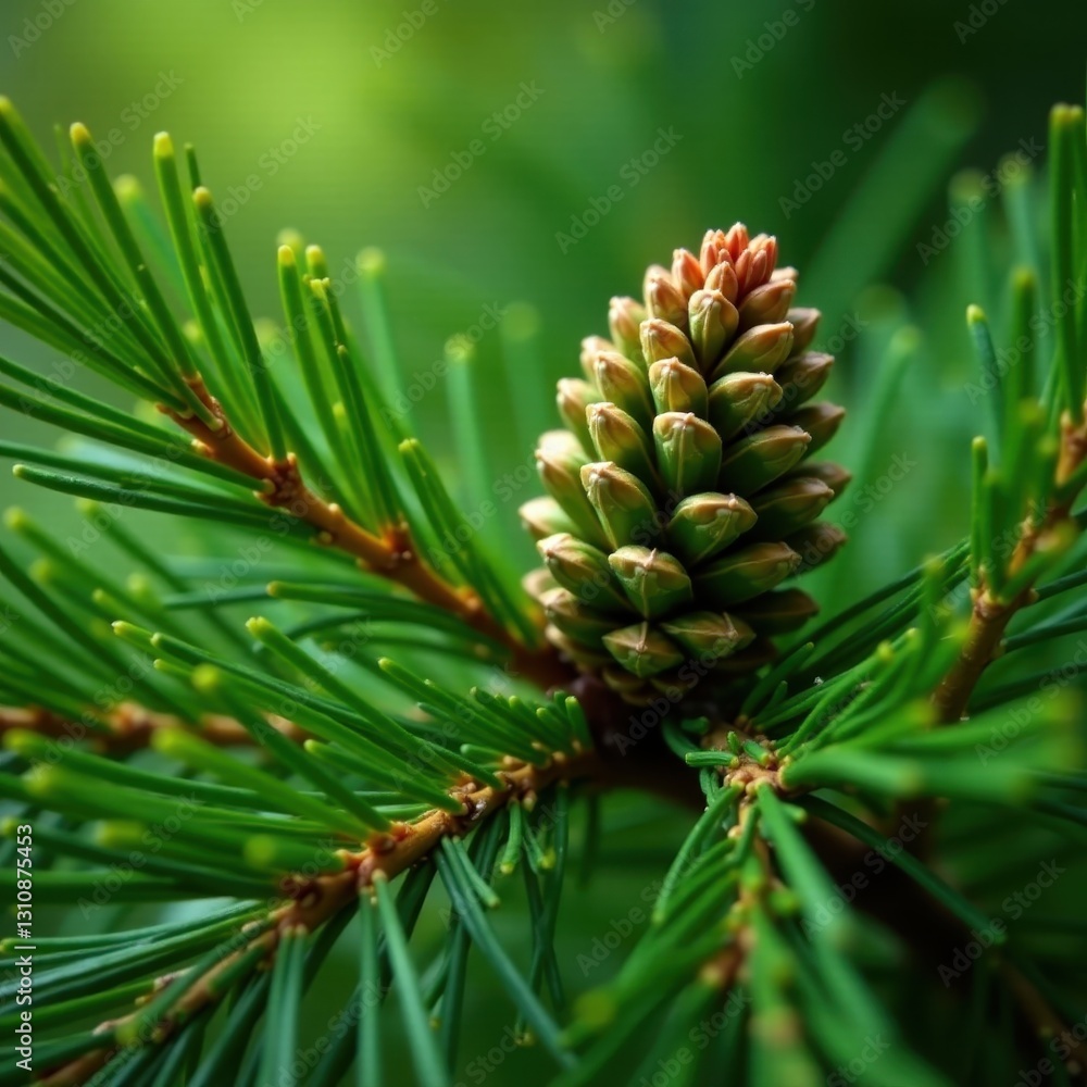 Young, green pinecone nestled amongst pine needles, needle, texture Young, green pinecone nestled amongst pine needles, needle, texture