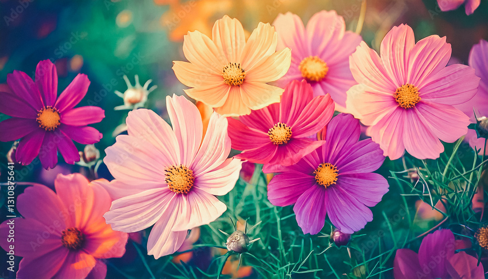 Vibrant Cosmos Flowers Blooming, a Breathtaking Display of Nature's Beauty in a Field of Blossoms, color toned; fantasy tropical theme Vibrant Cosmos Flowers Blooming, a Breathtaking Display of Nature's Beauty in a Field of Blossoms, color toned; fantasy tropical theme