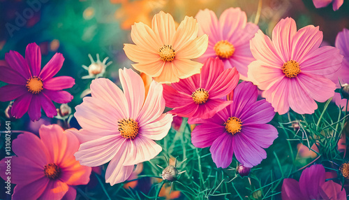 Wallpaper Mural Vibrant Cosmos Flowers Blooming, a Breathtaking Display of Nature's Beauty in a Field of Blossoms, color toned; fantasy tropical theme Torontodigital.ca