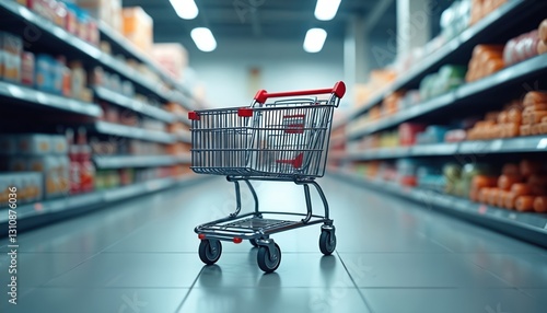 Wallpaper Mural Empty shopping cart stands supermarket aisle. Red handle, wire basket. Shelves stocked with various products background. Retail concept, consumerism metaphor. Trade, shopping, consumerism, abundance, Torontodigital.ca