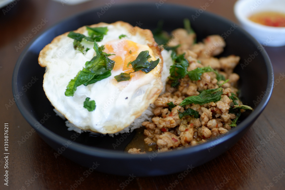 delicious Thai dish featuring stir fried minced pork with basil, served with rice and topped with fried egg, showcasing vibrant colors and textures delicious Thai dish featuring stir fried minced pork with basil, served with rice and topped with fried egg, showcasing vibrant colors and textures