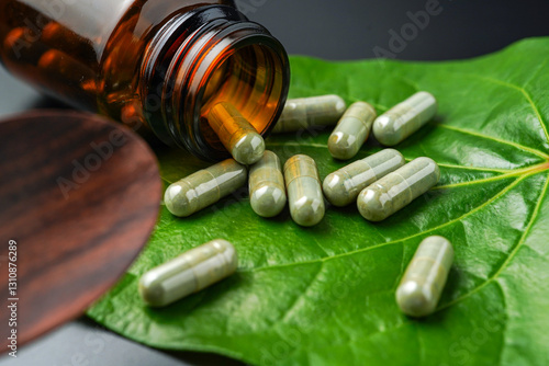 Herbal capsules Betel pepper leaf, pills Wildbetal leafbush, green leaf on a black background