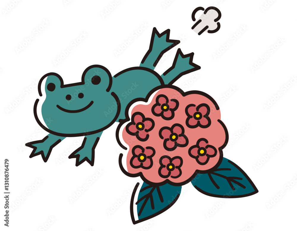 カエルと紫陽花/梅雨/ベクター手書き線画イラスト カエルと紫陽花/梅雨/ベクター手書き線画イラスト