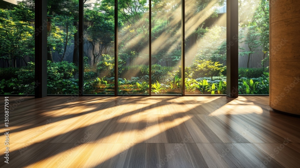 Fototapeta premium Sunbeams are illuminating an empty room with hardwood floor and large windows revealing a beautiful green garden in a modern architectural context