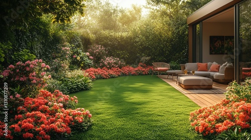 Fototapeta Naklejka Na Ścianę i Meble -  Peaceful garden surrounded by blooming flowers illuminated by bright sunlight in a tranquil outdoor space. Spring background concept.