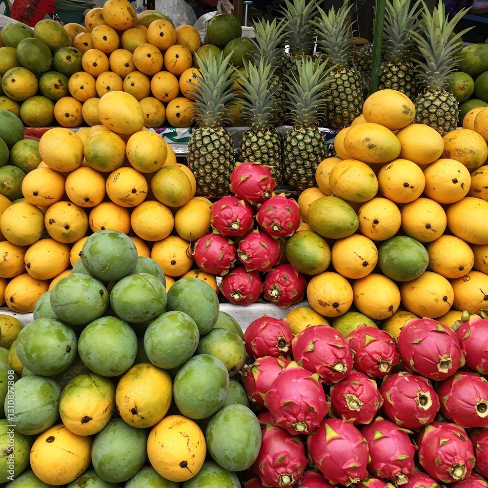 Colorful Display of Fresh Tropical Fruits at a Local Market Colorful Display of Fresh Tropical Fruits at a Local Market