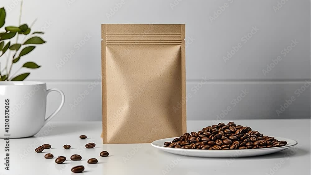 Kraft paper pouch mockup with coffee beans and cup.