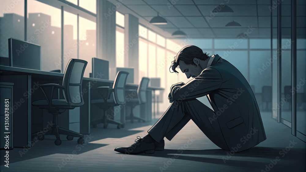 Distressed businessman sitting alone in a modern office, surrounded by empty desks, symbolizing corporate layoff and uncertainty, emotional impact of job loss. Distressed businessman sitting alone in a modern office, surrounded by empty desks, symbolizing corporate layoff and uncertainty, emotional impact of job loss.