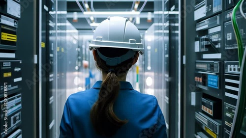 Professional woman in hard hat inspecting data center equipment during daytime shift