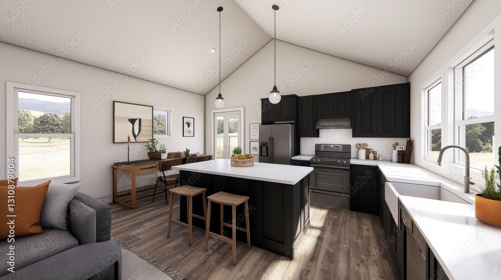 Modern Kitchen Interior with Island and Bright Natural Lighting Modern Kitchen Interior with Island and Bright Natural Lighting