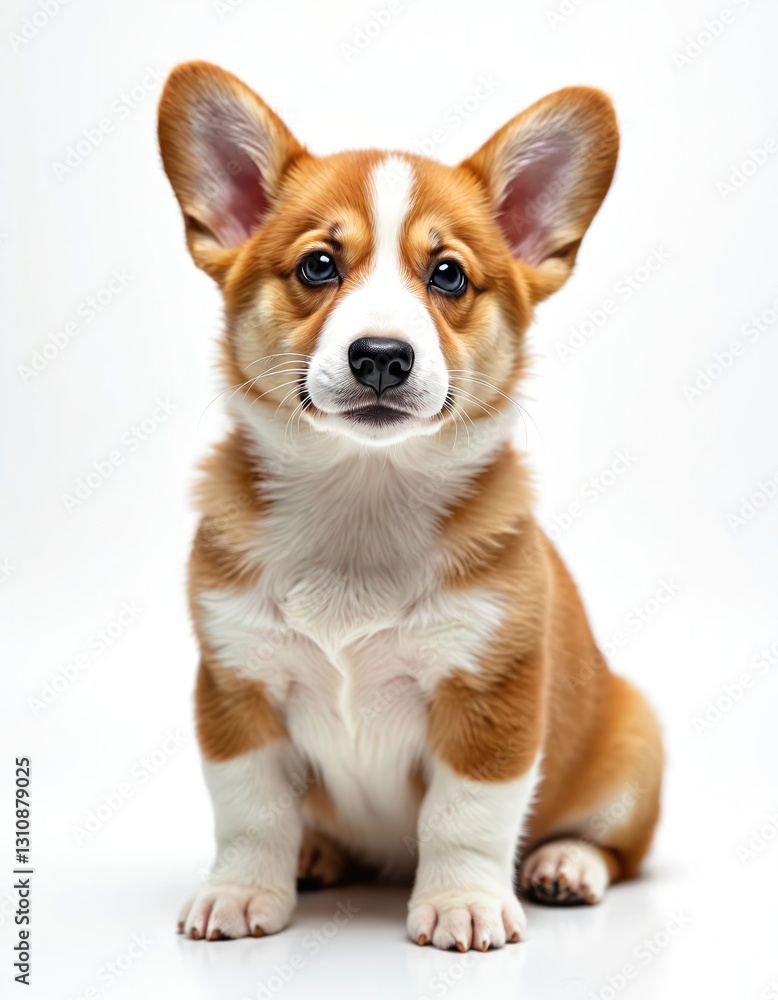 Front view portrait of cute ginger Pembroke Welsh Corgi puppy sitting and looks at camera isolated on white background. Small doggy posing in studio. Lovely mammal with beautiful muzzle. Front view portrait of cute ginger Pembroke Welsh Corgi puppy sitting and looks at camera isolated on white background. Small doggy posing in studio. Lovely mammal with beautiful muzzle.