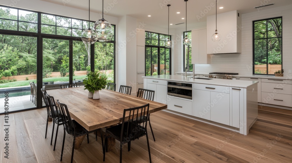Fototapeta premium Modern Kitchen Interior with Large Dining Table and Natural Light