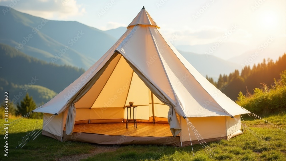A conical tent set up in a scenic mountain landscape with a small table inside, illuminated by warm sunlight. A conical tent set up in a scenic mountain landscape with a small table inside, illuminated by warm sunlight.