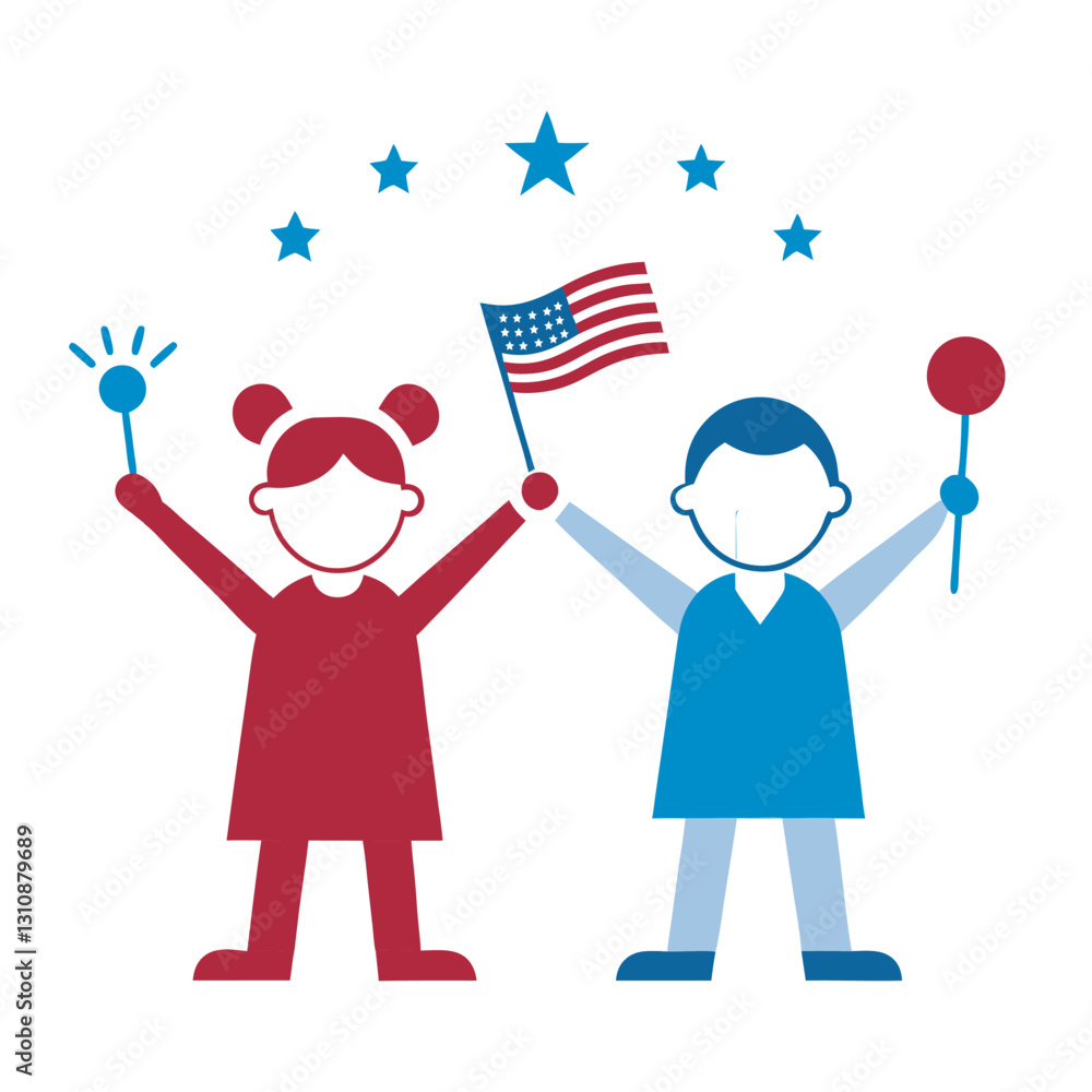 Kids with sparklers and American flags, 4th of July line art illustration Kids with sparklers and American flags, 4th of July line art illustration
