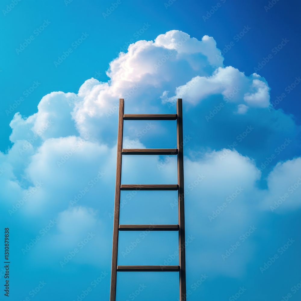 wooden ladder reaching towards fluffy clouds in bright blue sky evokes sense of aspiration and wonder wooden ladder reaching towards fluffy clouds in bright blue sky evokes sense of aspiration and wonder
