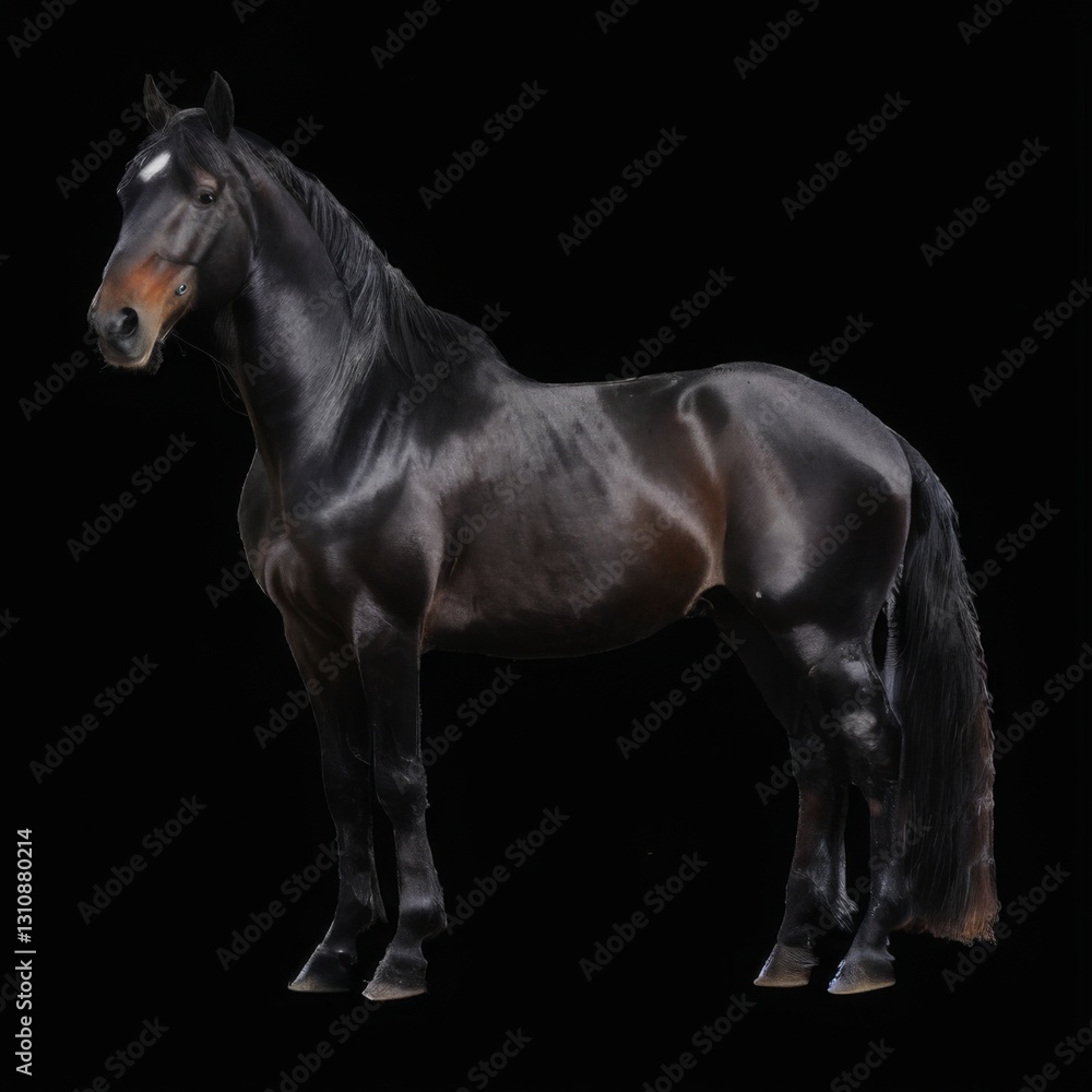 Fototapeta premium Majestic black horse standing elegantly on a black background with flowing mane and alert expression.