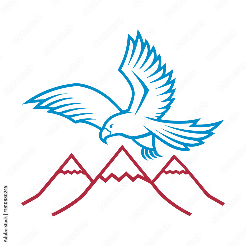 Obraz premium Soaring eagle outline over mountain range, vector line art