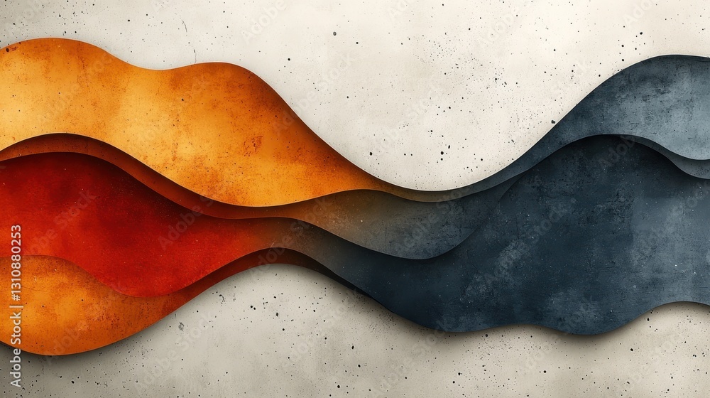 Abstract textured wavy design with orange, red, and blue tones on a light gray concrete background. Abstract textured wavy design with orange, red, and blue tones on a light gray concrete background.
