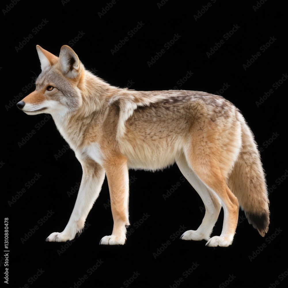 Fototapeta premium Coyote Illustration Facing Left: Digital drawing of a coyote on all fours with a light brown coat on a black background.