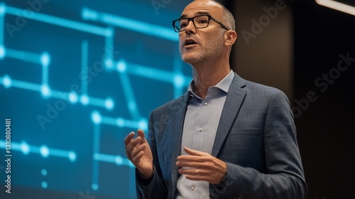 Engaging Speaker Delivering Tech Presentation at Conference with Blue Backdrop