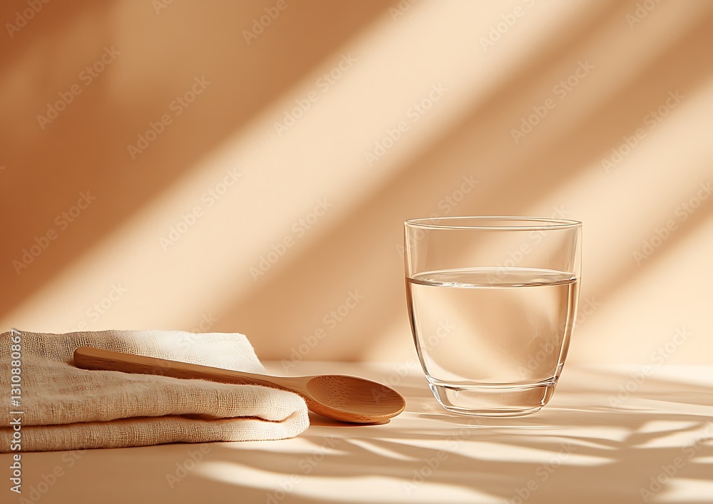 A small glass filled with water, placed next to a wooden spoon and a folded linen cloth. The background is a gentle peach shade, creating a warm and cozy aesthetic. Space is open on the left A small glass filled with water, placed next to a wooden spoon and a folded linen cloth. The background is a gentle peach shade, creating a warm and cozy aesthetic. Space is open on the left