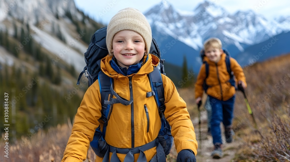 Two young hikers enjoying a mountain trek on a sunny day Two young hikers enjoying a mountain trek on a sunny day