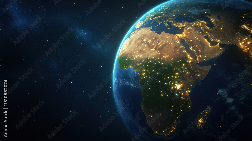Obraz premium Earth from space showcasing illuminated regions at night, highlighting cities and landscapes. stunning view of Africa with vibrant lights and natural features visible